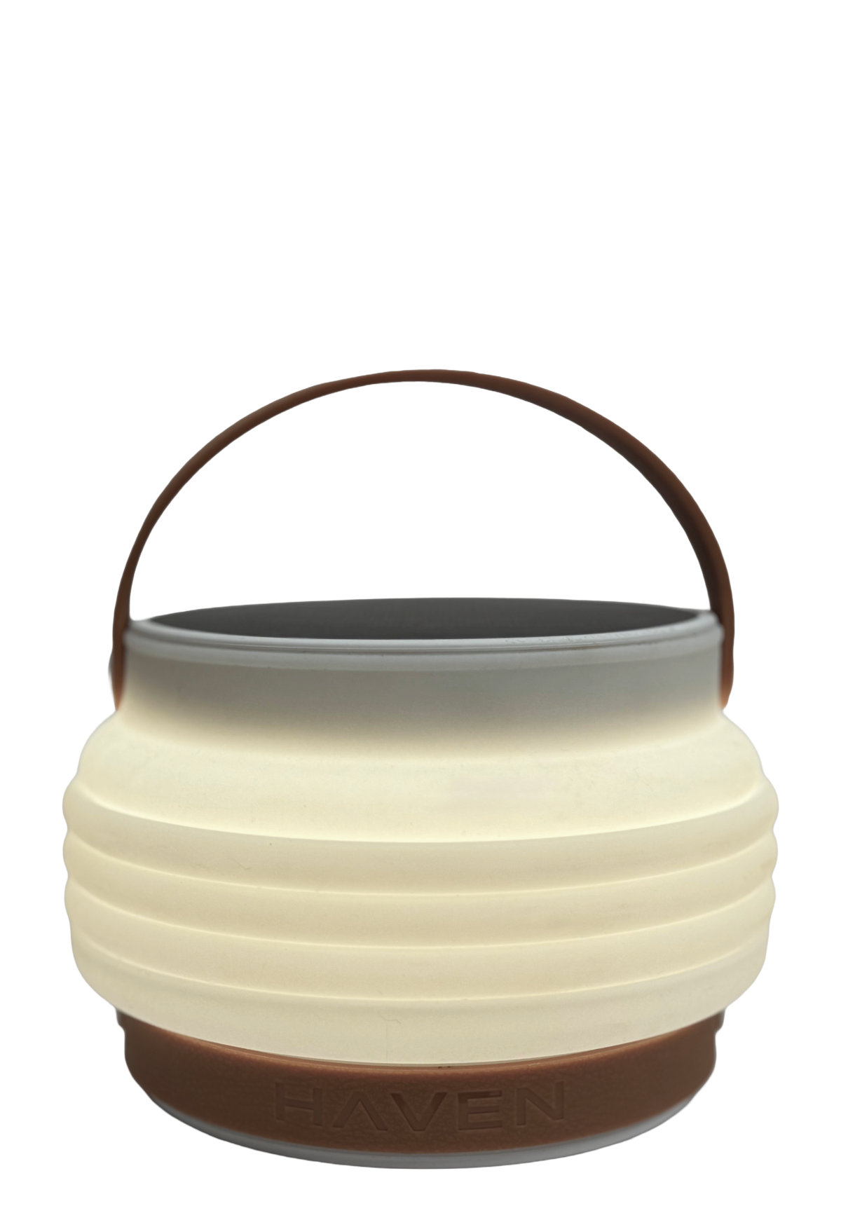 Product shot of HAVEN portable solar lantern collapsed with adjustable handle up.
