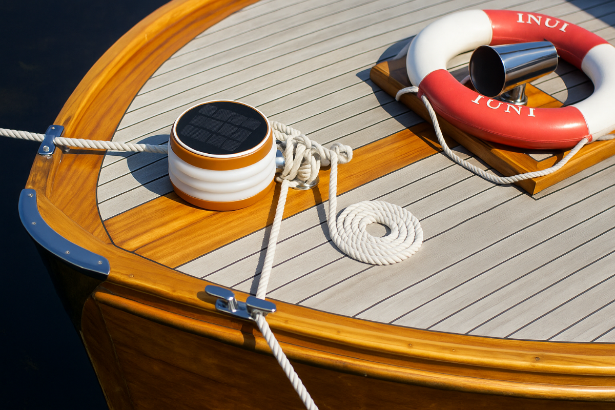 Close-up of a boat's wooden deck with a life preserver, rope and HAVEN solar portable lantern and power bank.