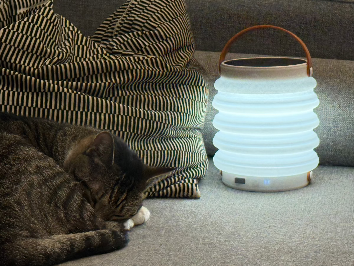 Cat curled up on a sofa sleeping next to a HAVEN solar portable lantern. 
