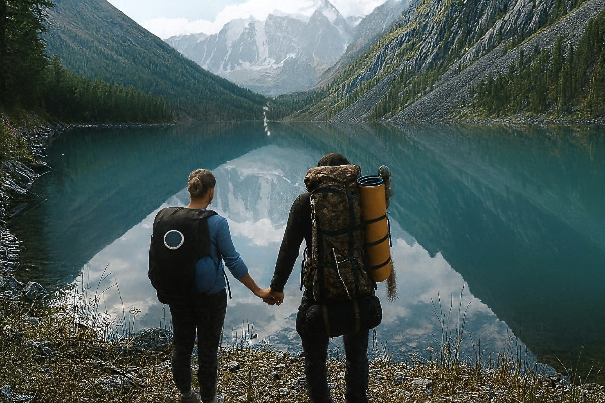 One hiker with a HAVEN solar portable light collapsed and clipped to her backpack plus another hiker with a backpack and bedroll standing by a lake with mountains in the background.