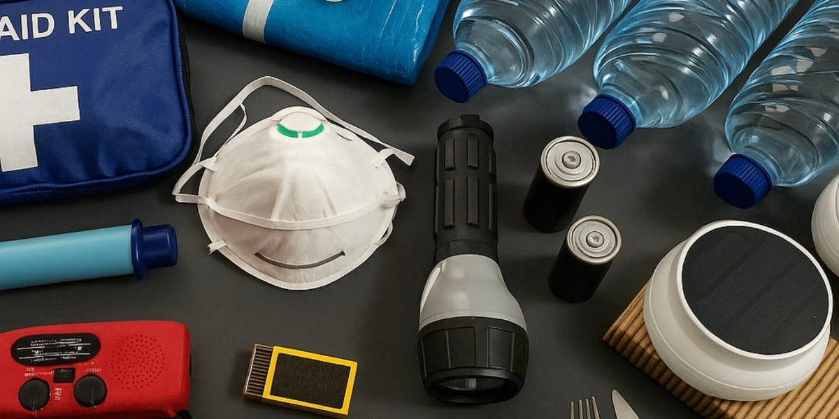 Emergency preparedness supplies including a first aid kit, water bottles, flashlight, HAVEN solar portable lantern and power bank.