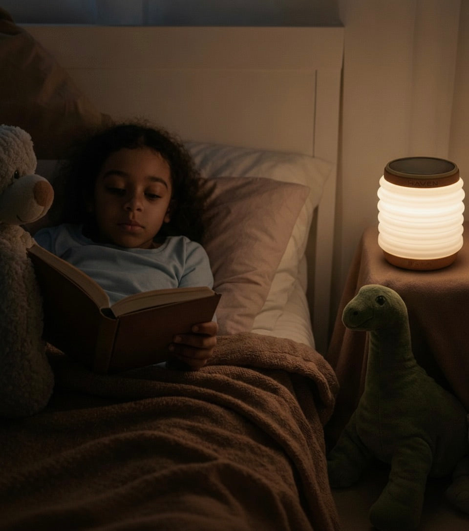 Child reading a book in bed with a HAVEN solar night light on a bedside table.