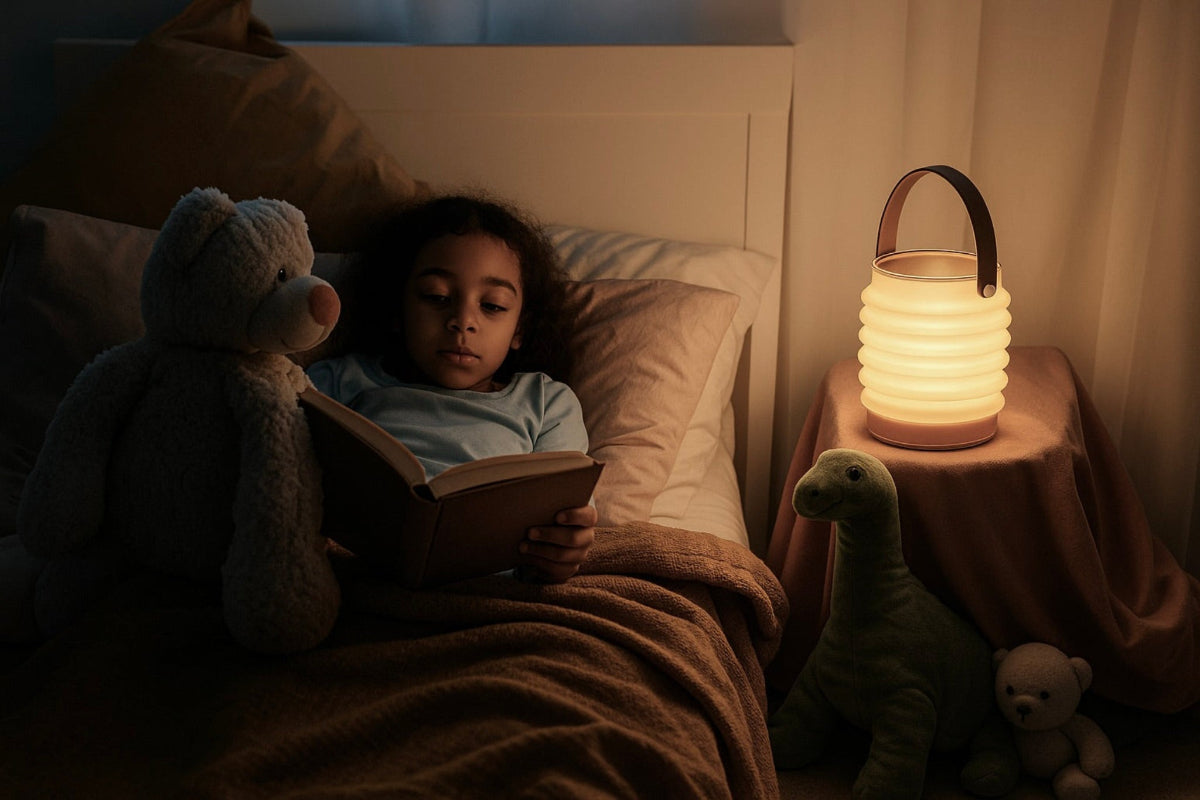 Child reading a book in bed with a HAVEN solar lantern being used as a night light on a nightstand