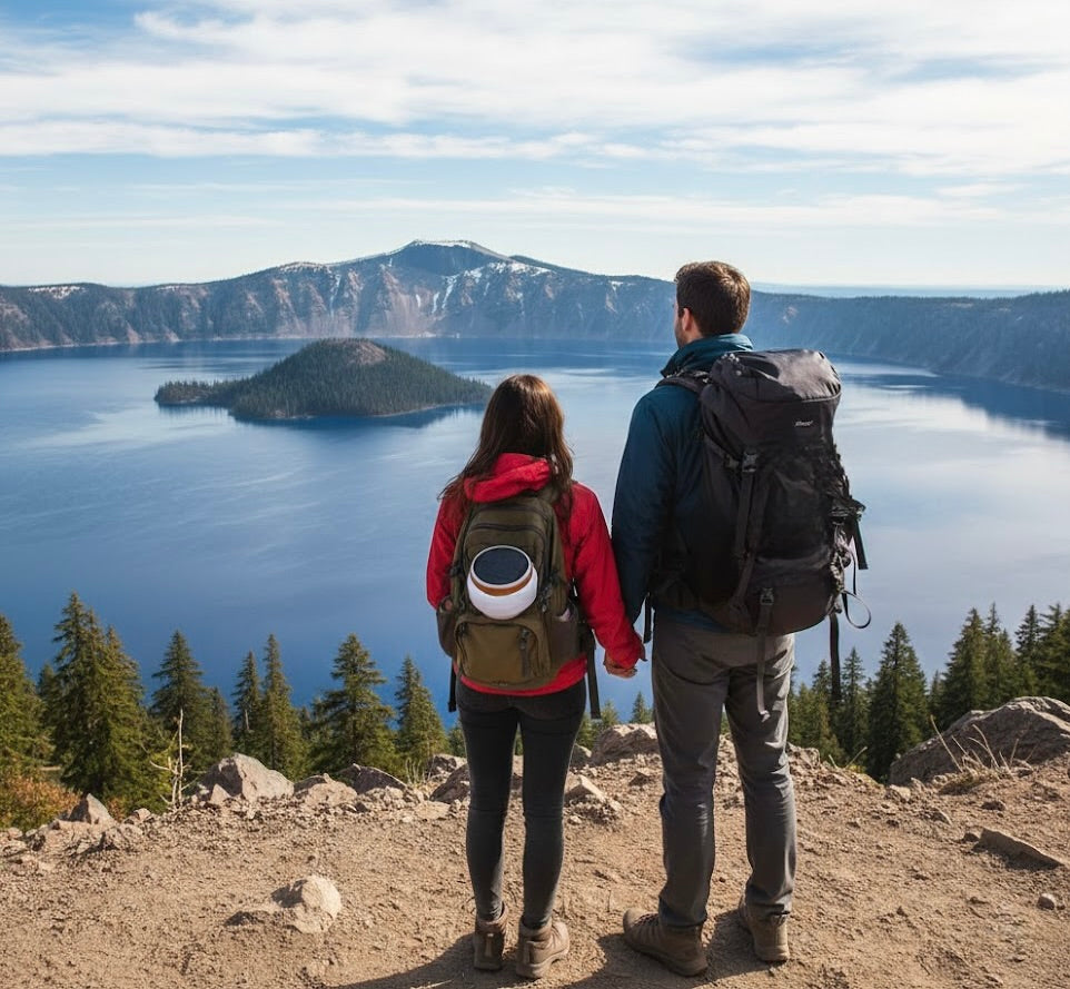 Two people with backpacks standing on a mountain overlooking a lake with an island. A HAVEN Lantern is charging on the backpack.