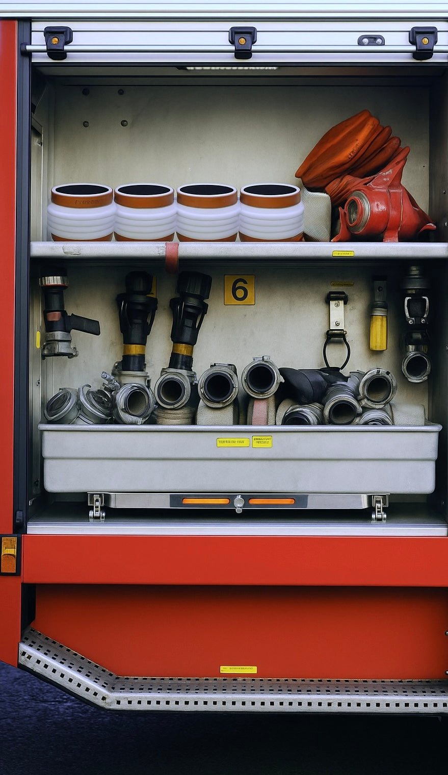 HAVEN solar portable lantern, flashlight and power bank along with hoses and other emergency supplies stored in fire truck compartment.