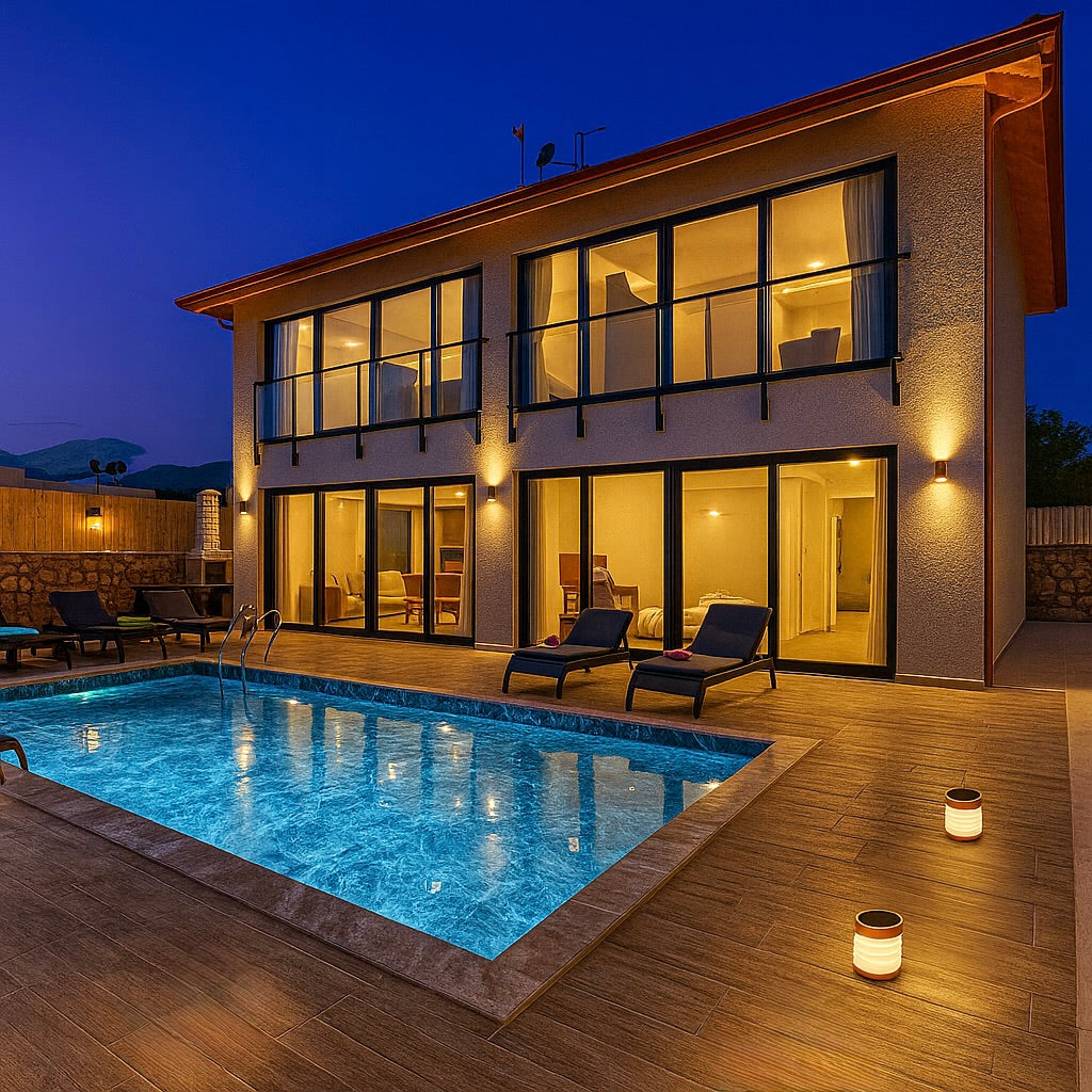 Modern house with a pool area at night surrounded by two HAVEN solar portable waterproof lanterns.