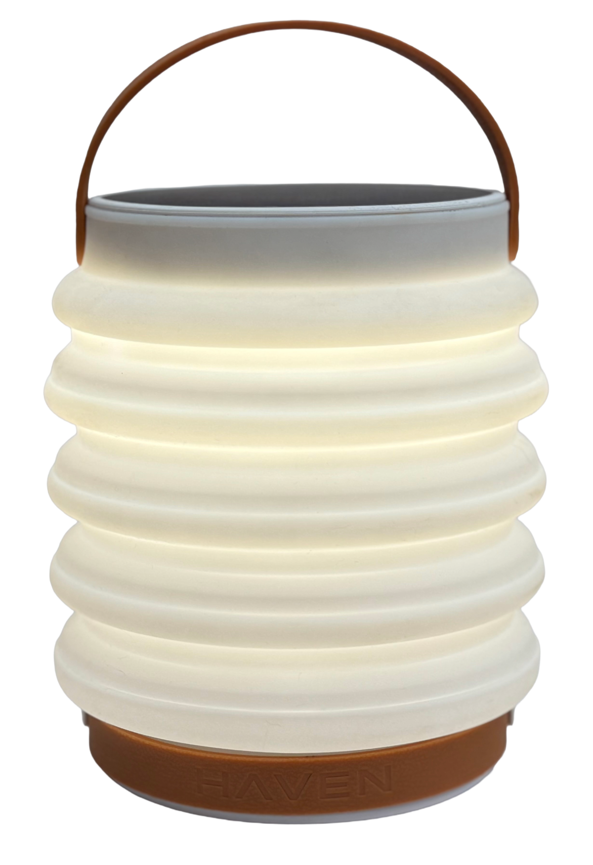 Product shot of HAVEN solar portable lantern fully expanded.  