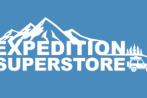 A blue square graphic with white text reading 'EXPEDITION SUPERSTORE' and white mountain/vehicle illustrations.