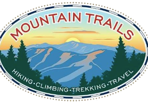 Logo for Mountain Trails with mountains, trees, and text about hiking, climbing, trekking, and travel.