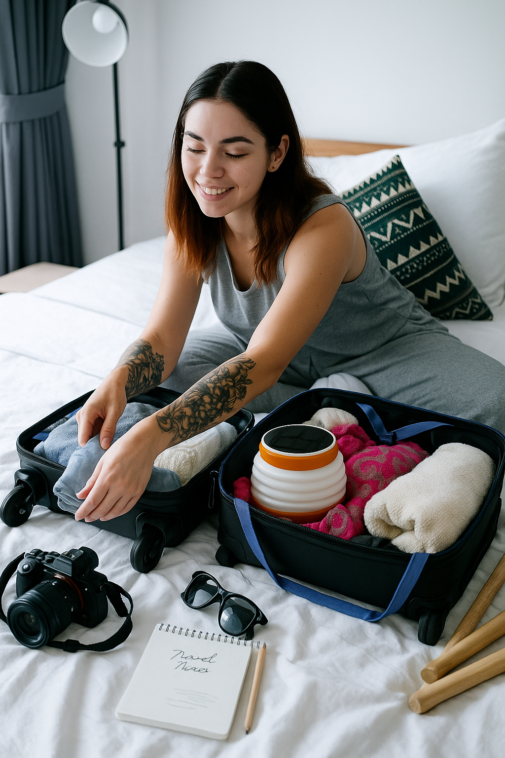 Woman packing a suitcase on a bed with various items including clothes, a camera, notebook, sunglasses, and a collapsible HAVEN solar portable lantern .