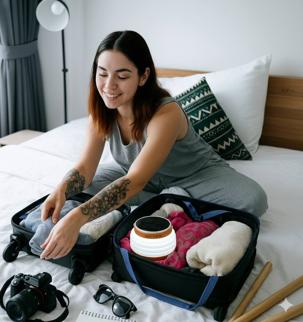 Woman packing a suitcase on a bed with various items including a camera, HAVEN solar portable lantern, and sunglasses.