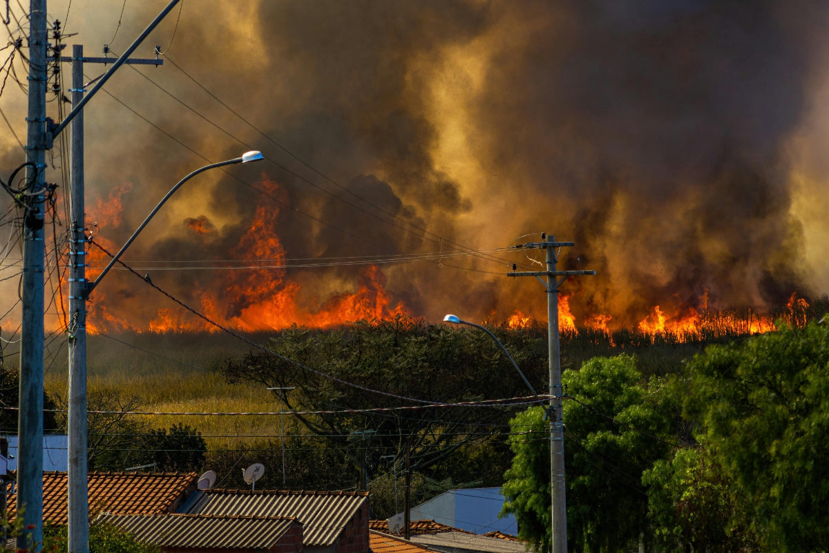 Disaster relief efforts for wildfire near community with power lines and streetlights in the foreground.